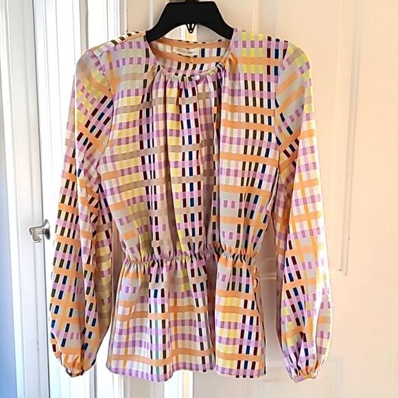 Stine Goya Karin Blouse Balloon Sleeve Gathered Waist Techno Check size XS NEW - Picture 1 of 8